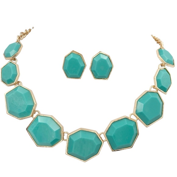 Aqua Blue Abstract Resin Gems Gold Tone Necklace Earrings Set - Picture 1 of 3